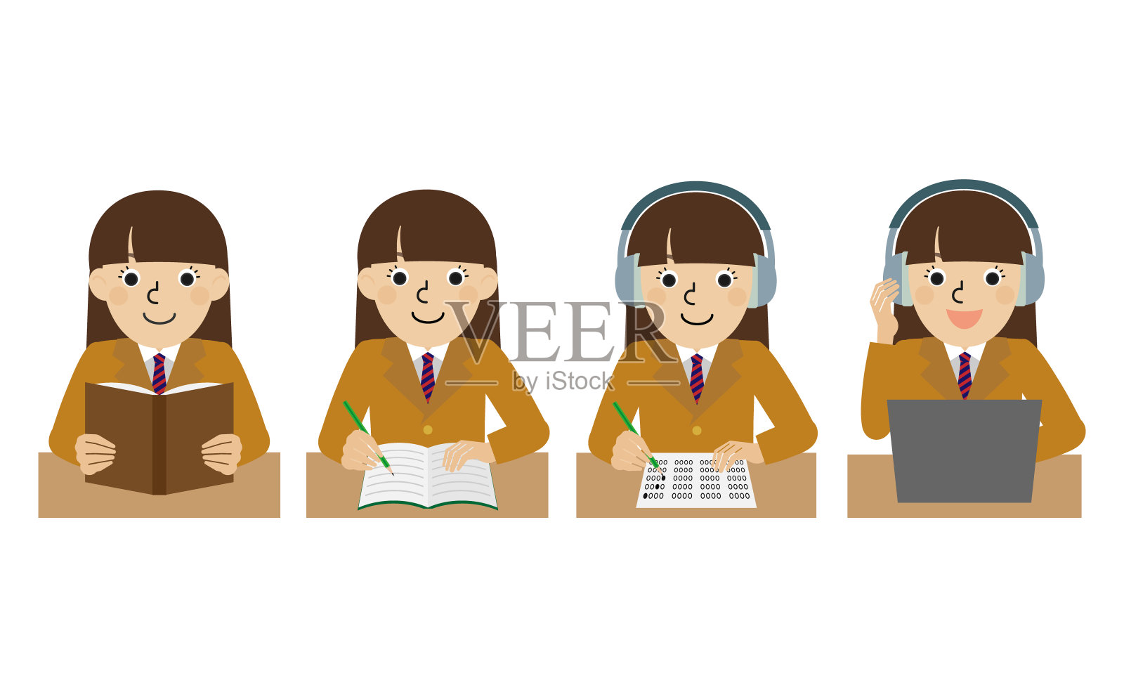 上身插图一套穿着运动夹克校服的妇女做语言习得所必需的四项基本技能插画图片素材