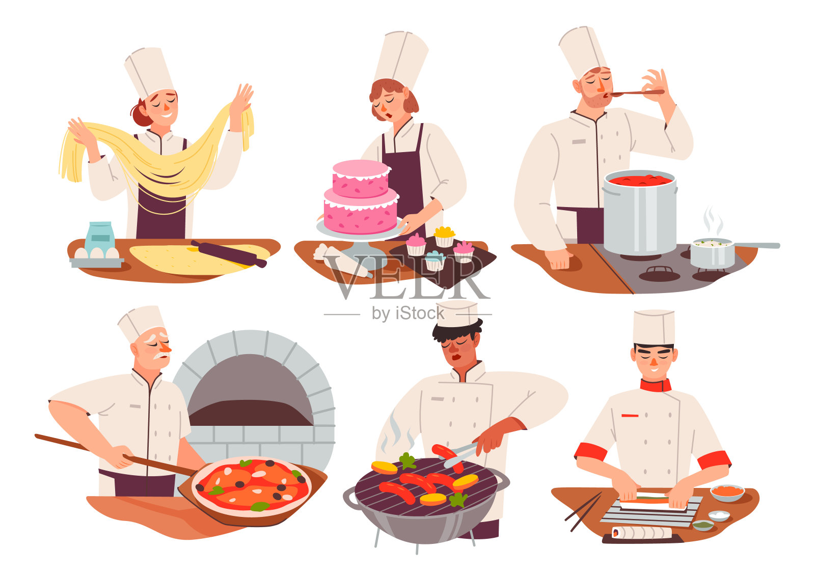 厨师们在餐馆里准备各种菜肴。烹饪工人准备寿司、意大利面、烧烤、披萨和蛋糕。平面矢量图插画图片素材