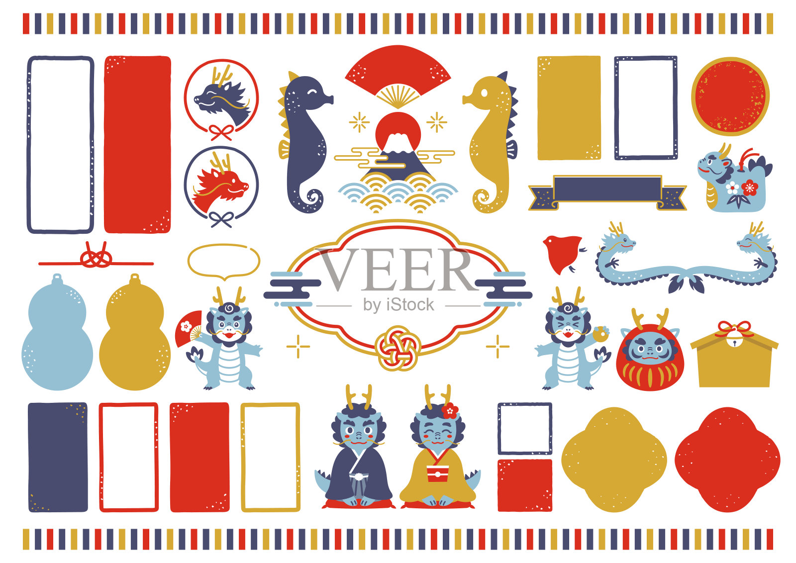 手写体日式龙年画框插画图片素材