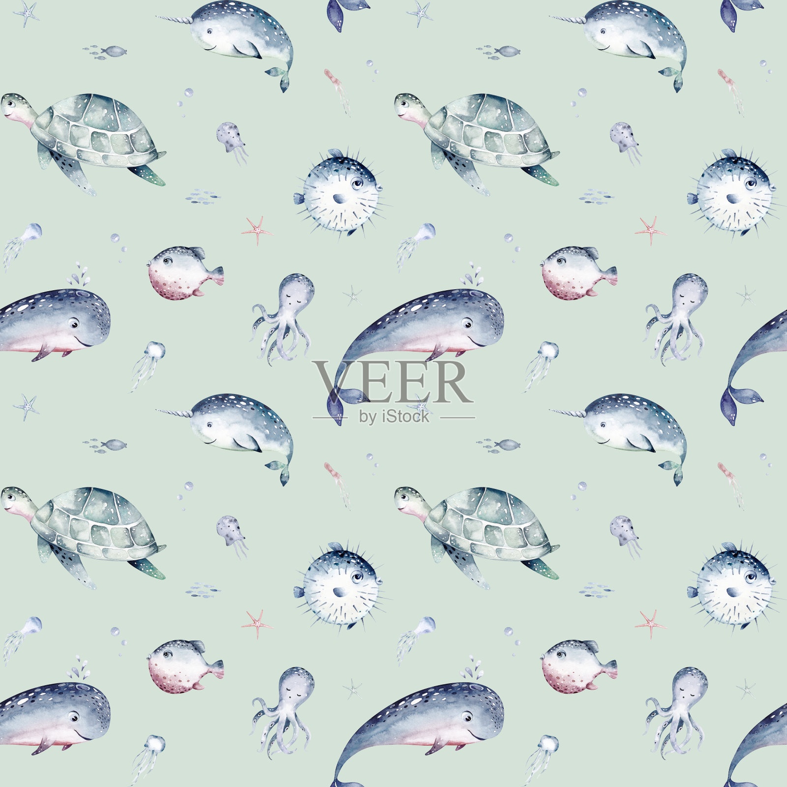水彩无缝图案与水下世界明亮的鱼，鲸，鲨鱼海豚海星动物。水母贝壳。海洋和海洋鱼类的生活背景插画图片素材