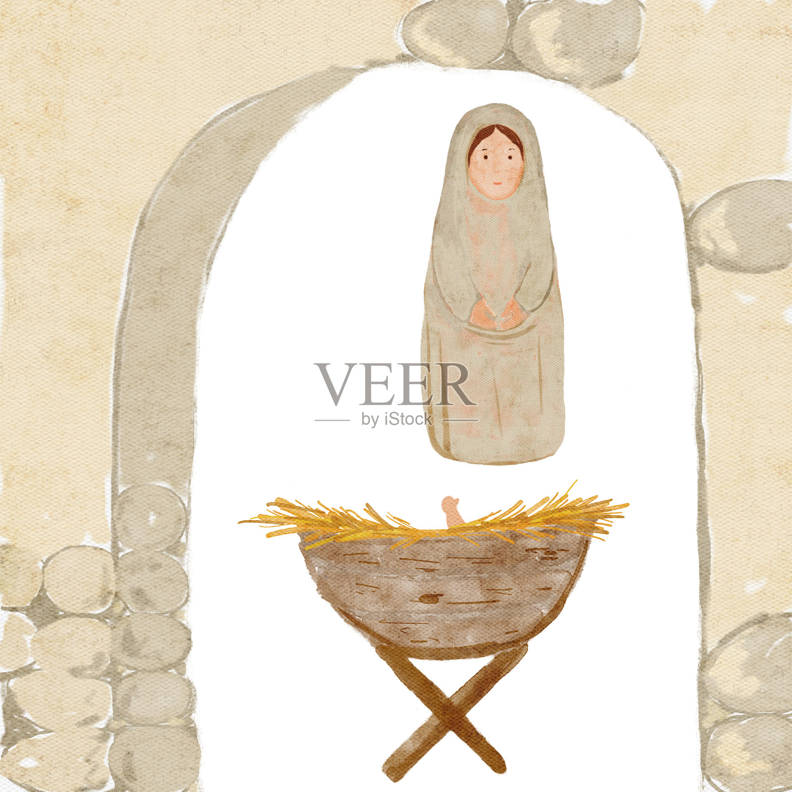 手绘水彩耶稣诞生场景：玛丽、拱门，白色背景插画图片素材