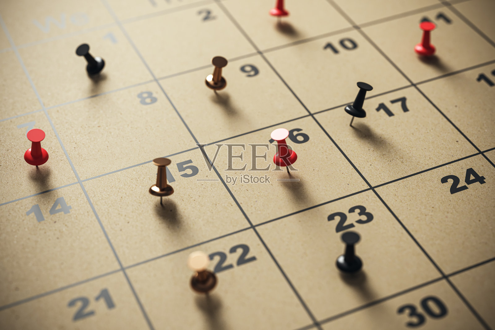 在计划上确定重要的日期，把重点放在大头针上而不是日历上。时间管理和截止日期。三维渲染照片摄影图片