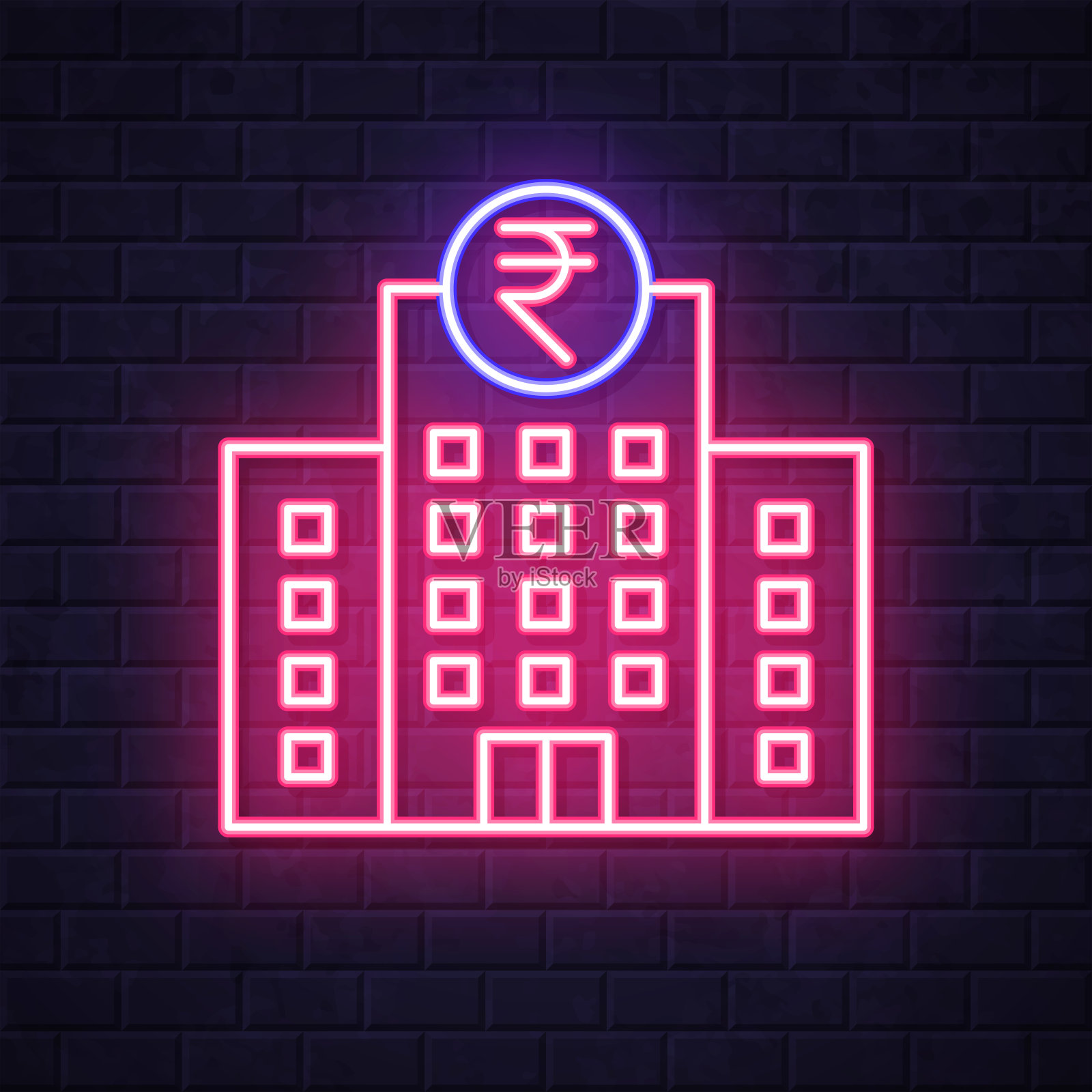 有印度卢比标志的银行。在砖墙背景上发光的霓虹灯图标插画图片素材