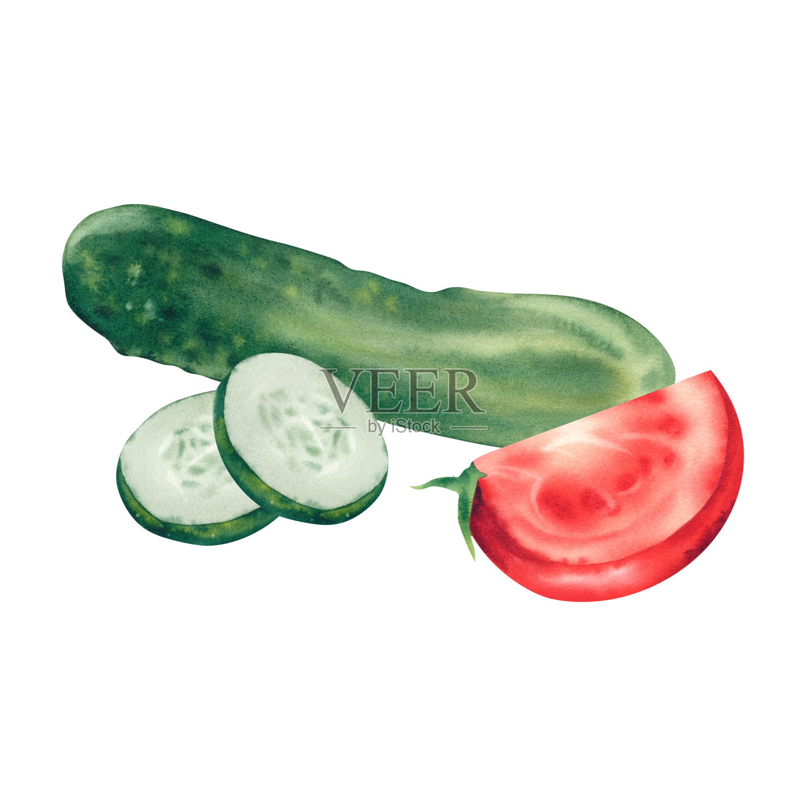 西红柿和黄瓜。水彩插图。用来做沙拉的健康蔬菜。收割。婴儿食品。菜单。剪纸艺术。插画图片素材