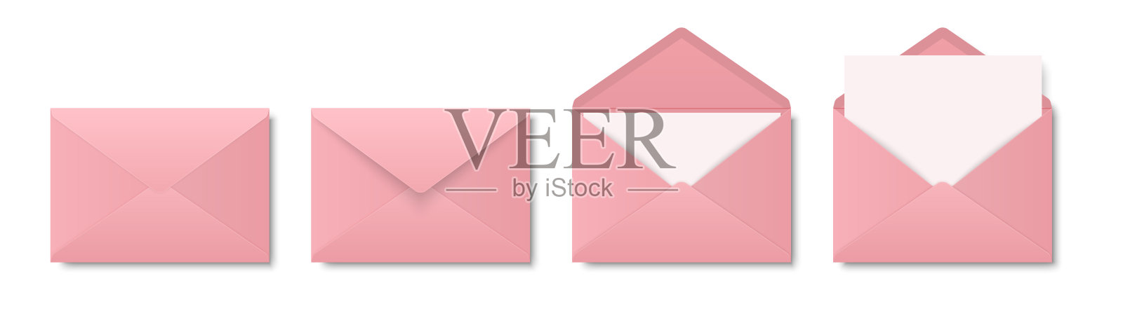 矢量粉红色信封与空白信件。折叠，展开孤立信封集。设计模板。消息，通知，邮寄，惊喜和祝贺概念插画图片素材