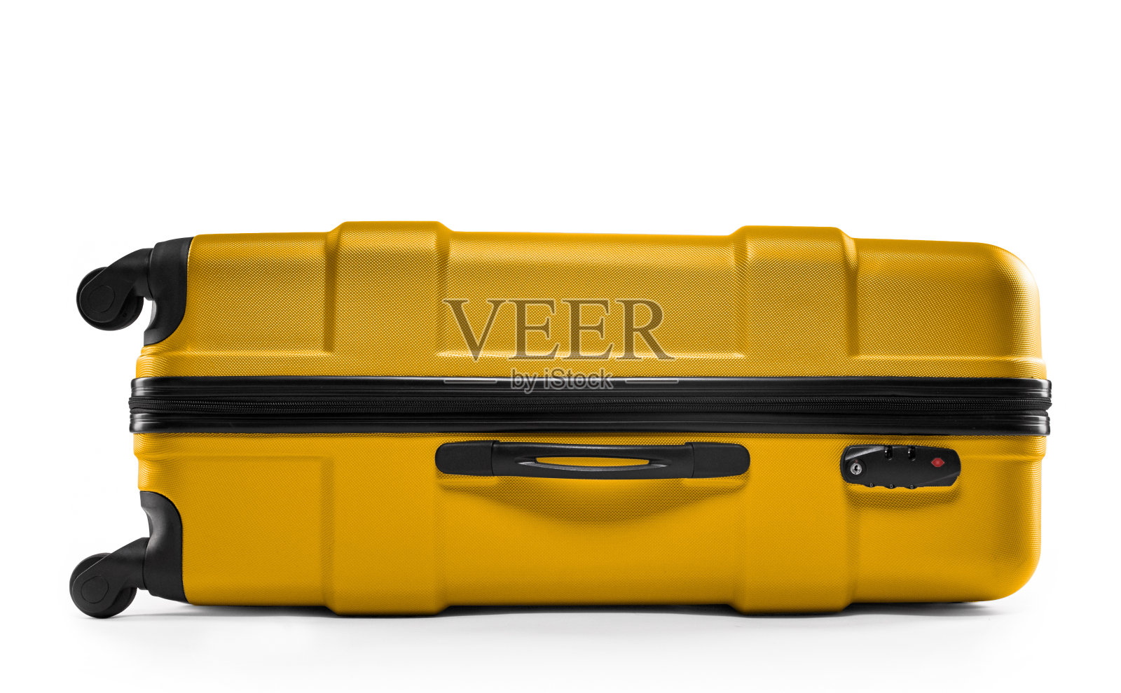 黄色深色塑料手提箱。说谎的水平照片摄影图片