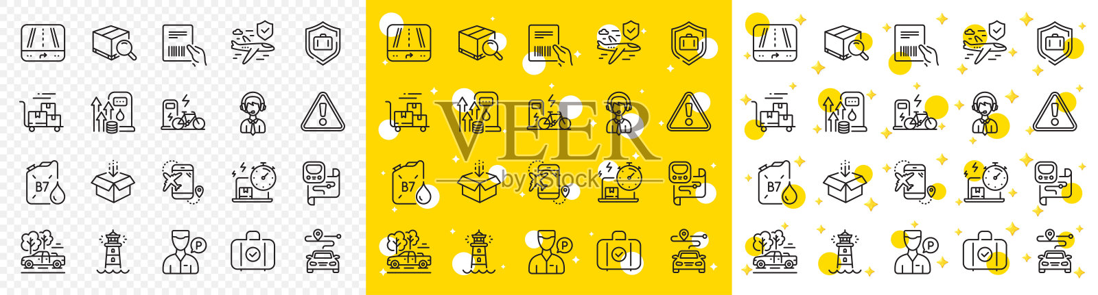 概述航班保险，航班目的地和接机线图标。用于web应用程序。矢量插画图片素材