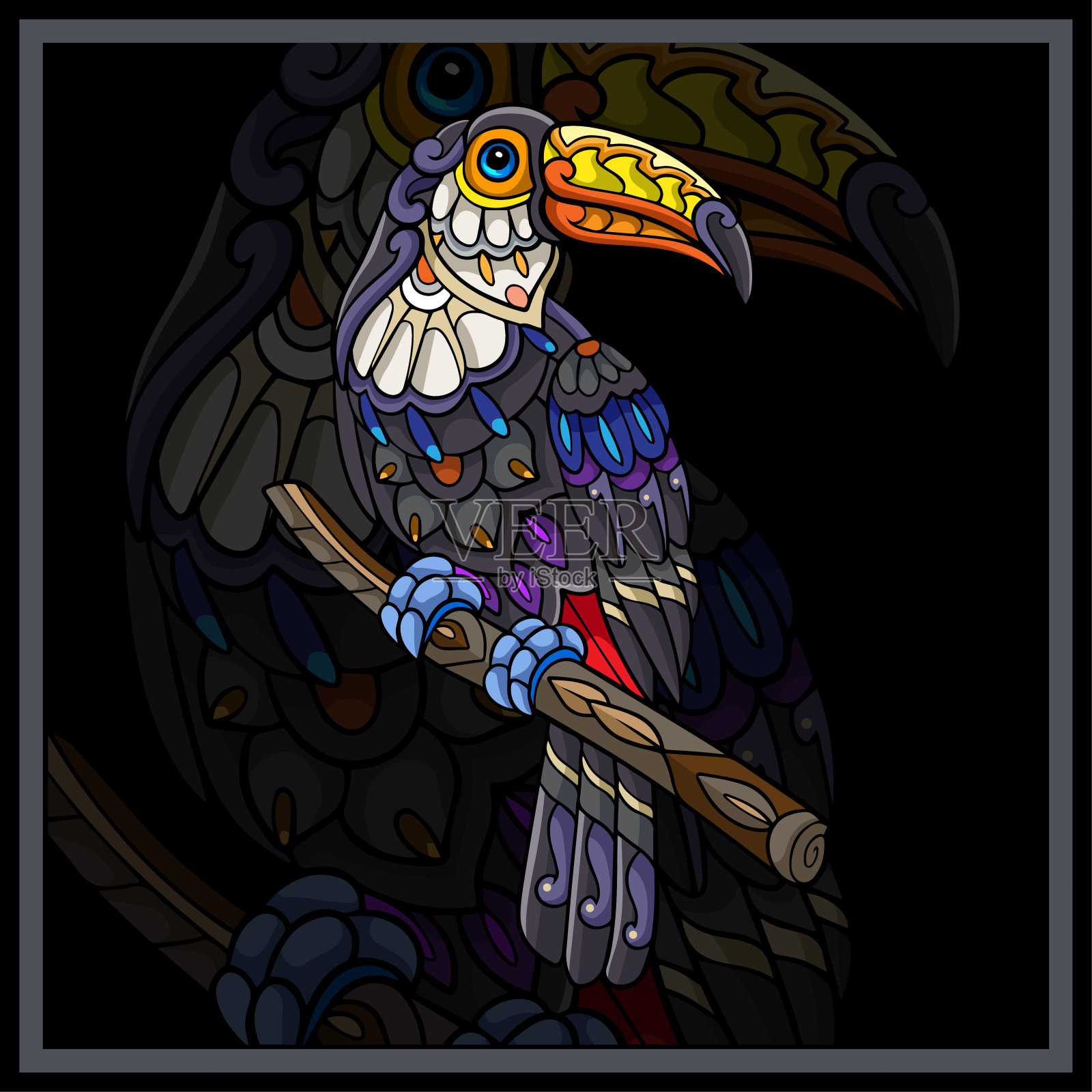 彩色巨嘴鸟曼陀罗艺术孤立在黑色背景插画图片素材