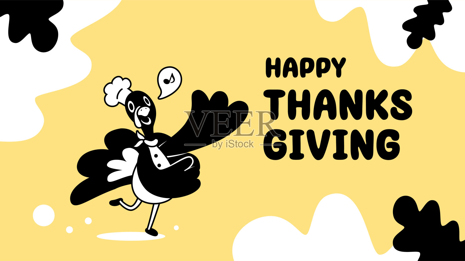 感恩节戴着厨师帽跳舞的可爱单色火鸡设计插画图片素材