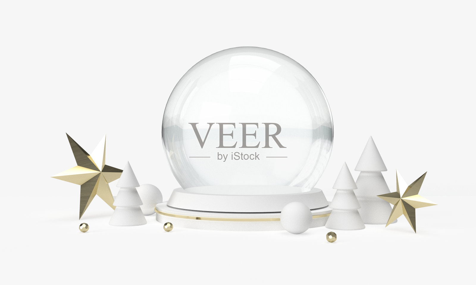 3D白色圣诞背景与圣诞树和雪球。照片摄影图片