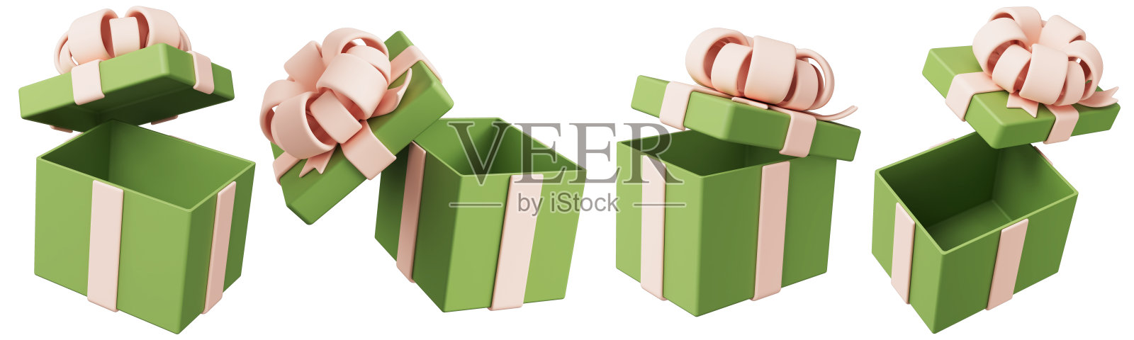 一套绿色的开放惊喜盒子，上面有一个粉红色的蝴蝶结。卡通礼盒在不同的位置，说明在塑料3D风格。生日，情人节，新年，妇女节，黑色星期五。照片摄影图片