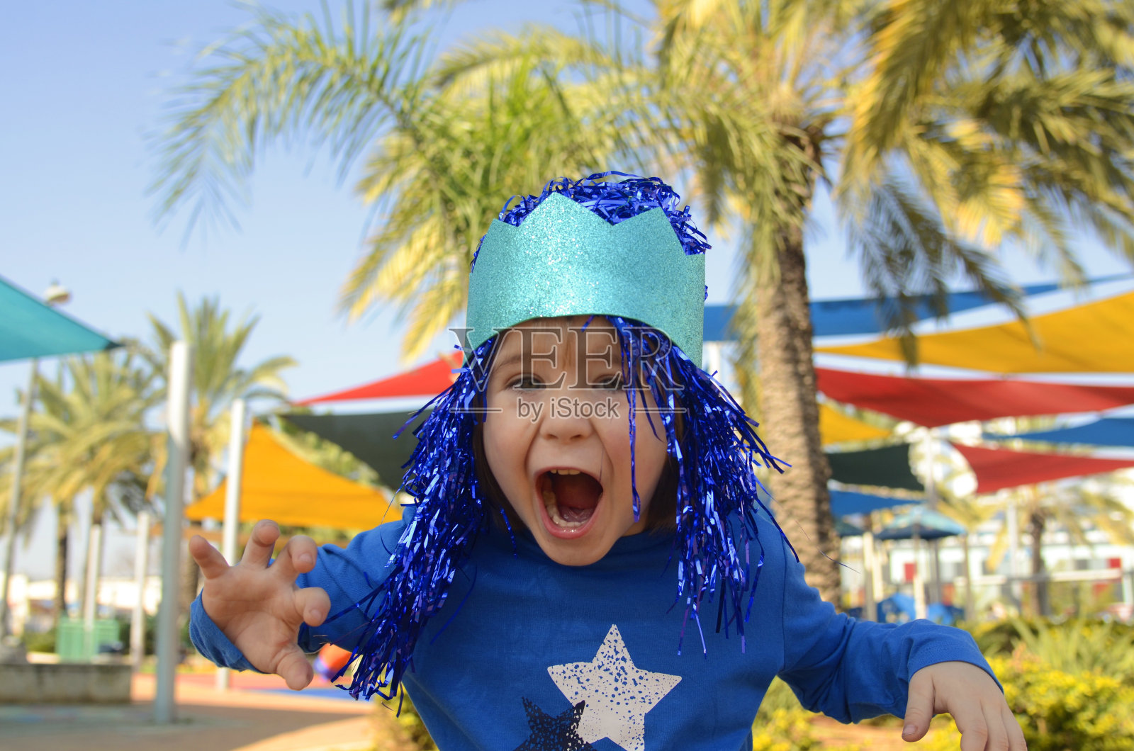 戴着皇冠的有趣男孩，国王节，普林节，万圣节，狂欢节，化装舞会照片摄影图片