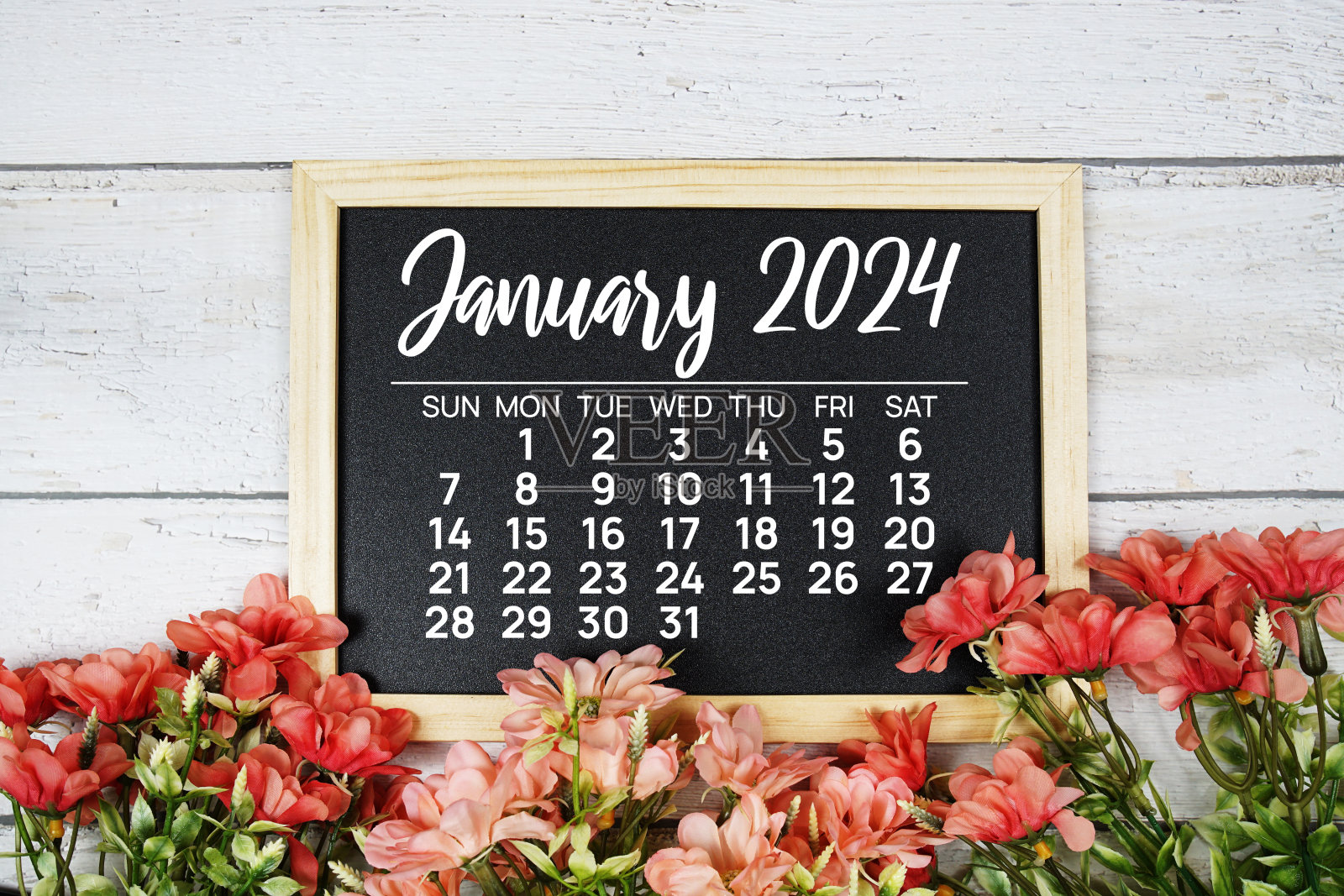 2024年1月月历，木质背景装饰花束照片摄影图片