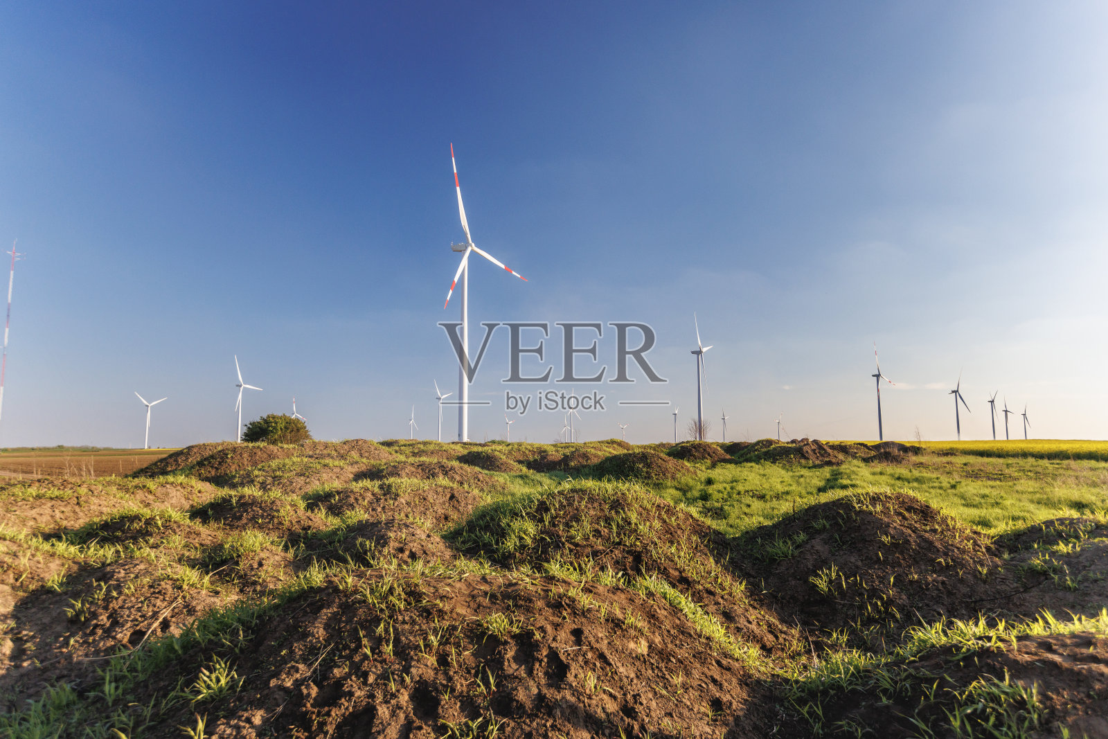 在春天的一个阳光明媚的日子里，美丽的绿色山丘上的风电场照片摄影图片