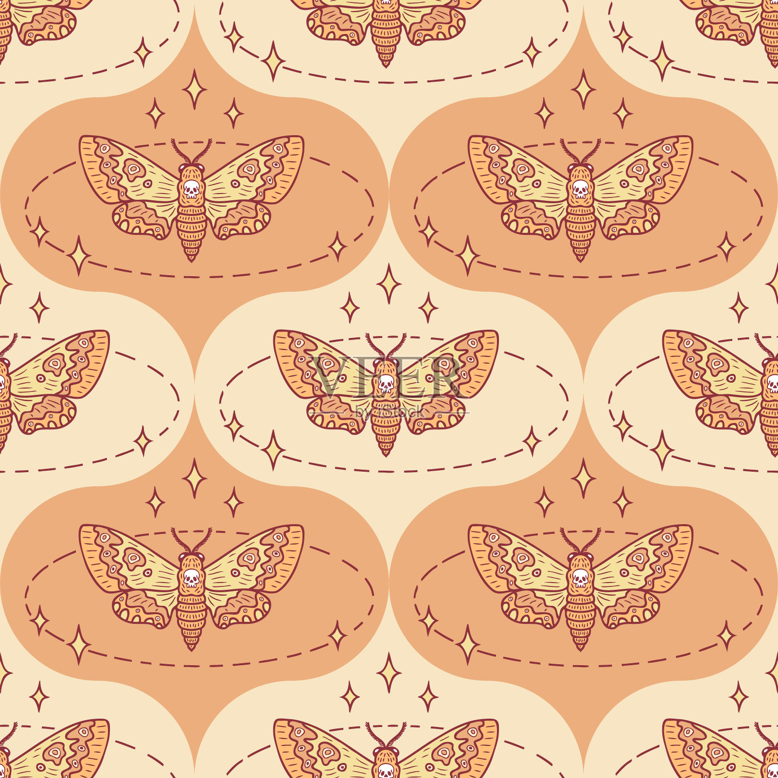 鹰蛾蝴蝶魔术直线无缝图案与星星。完美的打印t恤，纸张，纺织品和织物。涂鸦矢量插图。插画图片素材