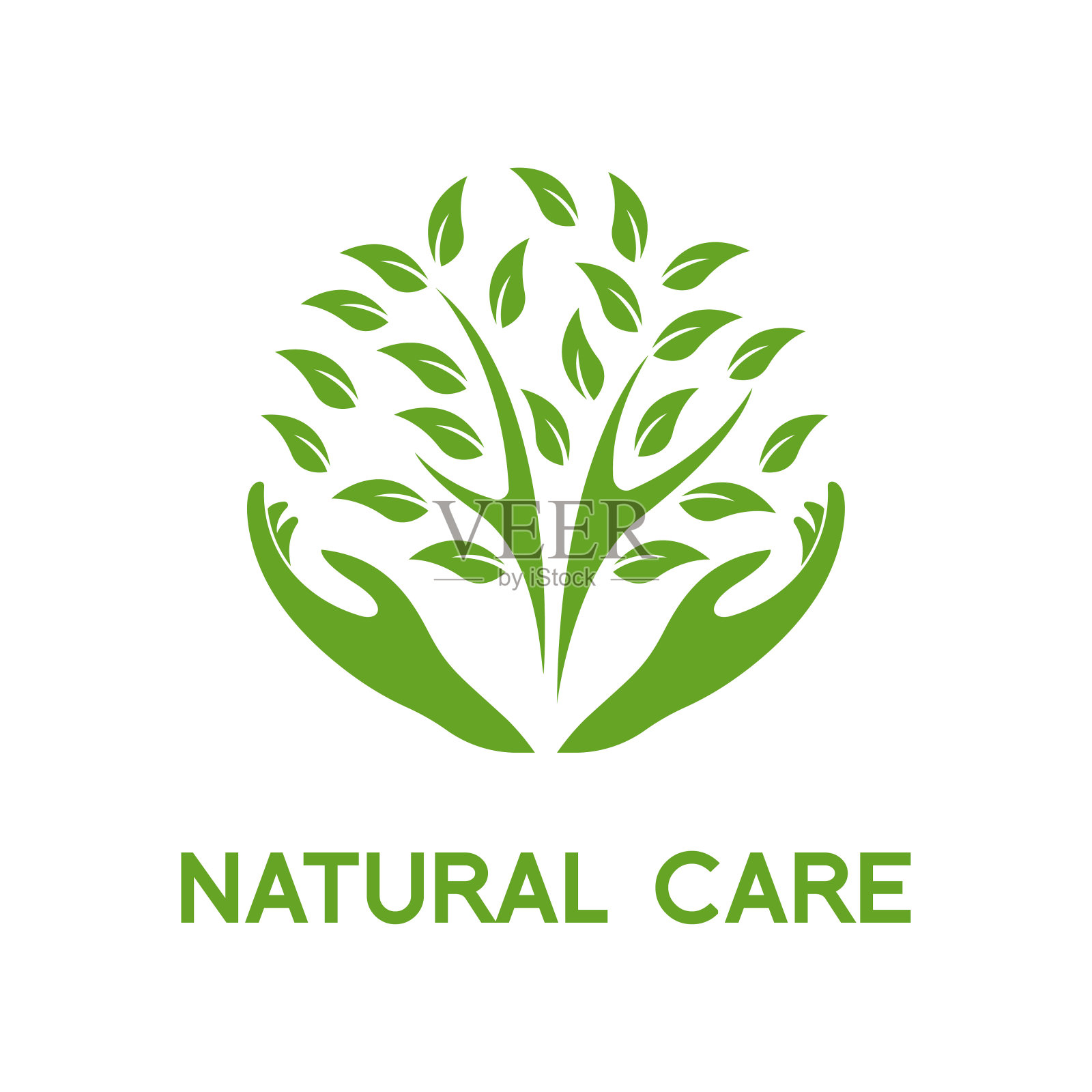 手和叶子的概念，自然护理标志设计矢量图像插图插画图片素材