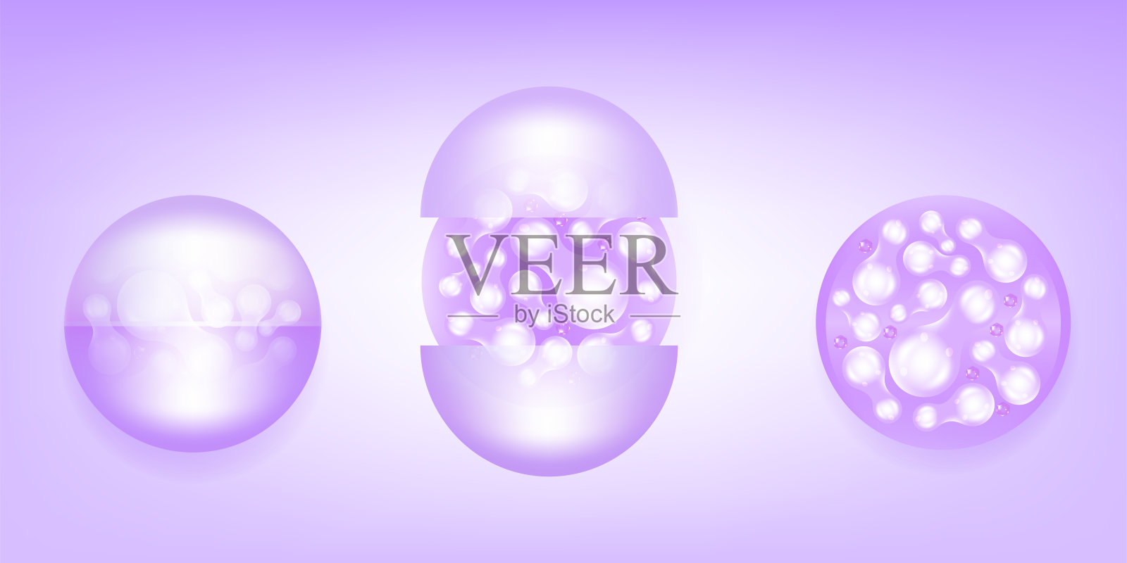 益生菌和透明质酸皮肤溶液广告，紫色胶原蛋白和维生素胶囊，维生素血清滴与化妆品广告背景准备使用插图矢量。插画图片素材