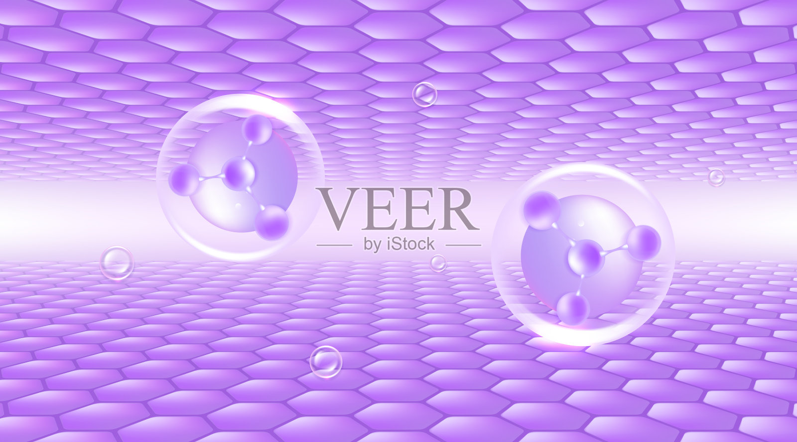 透明质酸头发和皮肤的解决方案广告，紫色胶原蛋白血清下降在皮肤细胞与化妆品广告背景准备使用，插图矢量。插画图片素材