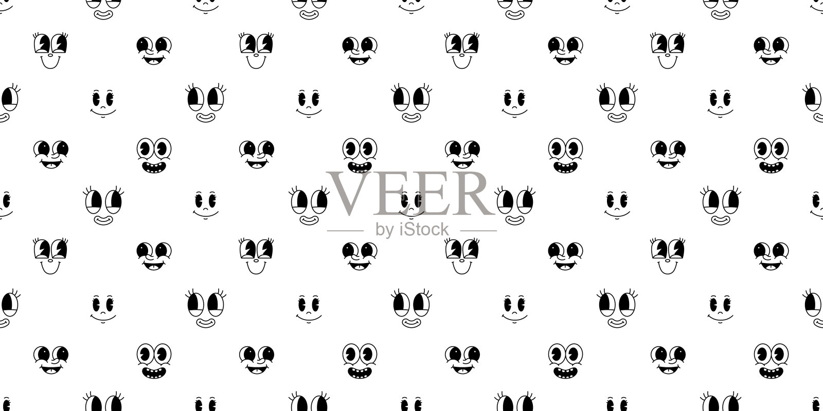 有趣的复古卡通人物脸无缝图案插画图片素材