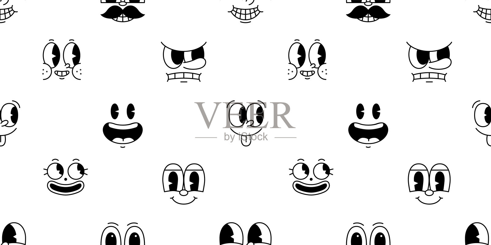 有趣的复古卡通人物脸无缝图案插画图片素材