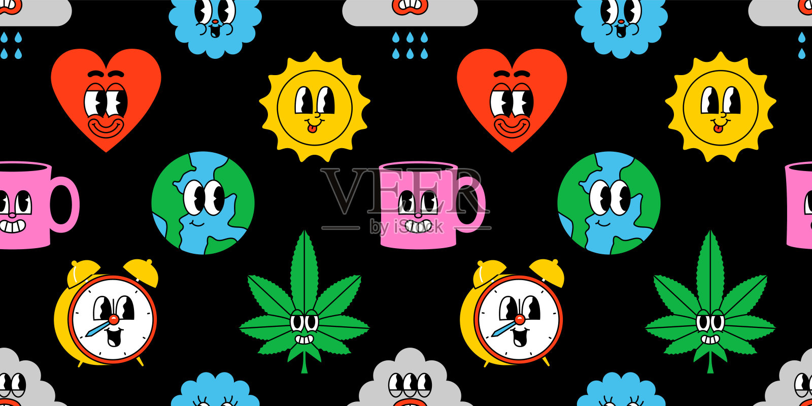 复古卡通人物贴纸无缝图案插画图片素材