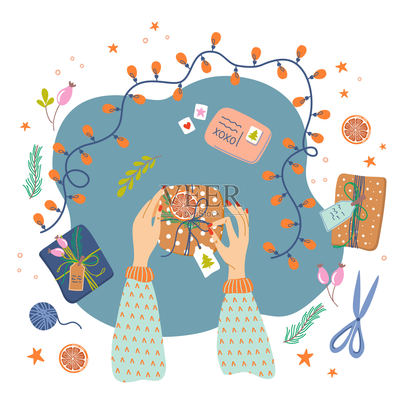 矢量插图的手是包装礼盒与生态装饰。彩色构图与圣诞节或新年的准备。前视图。寒假主题。插画图片素材