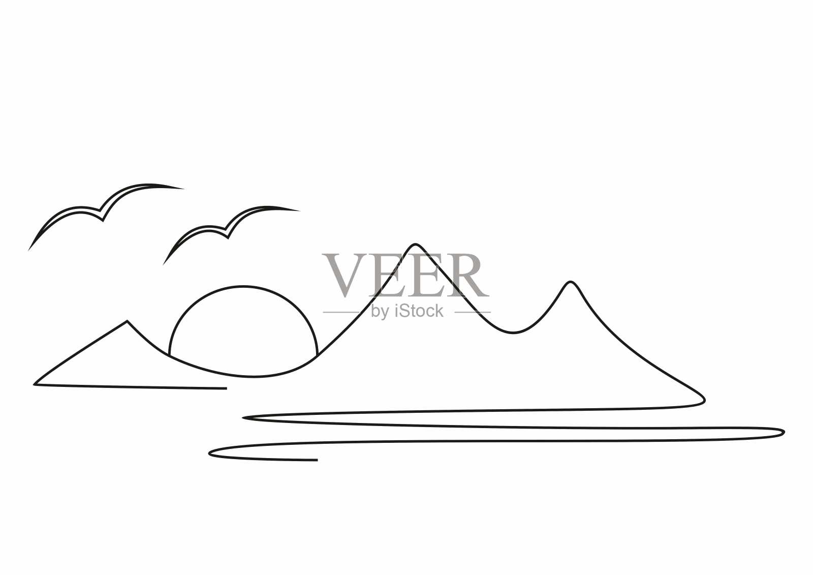 景观，一笔画，山，海，太阳和鸟，矢量插图，轮廓，eps插画图片素材