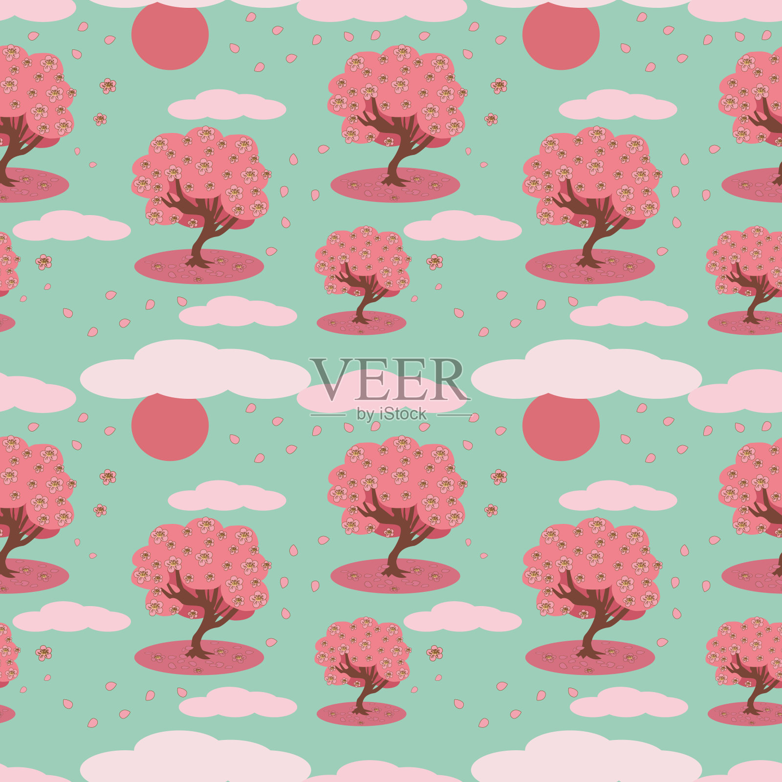 盛开的粉红色樱花树，太阳，云彩和花瓣的图案插画图片素材