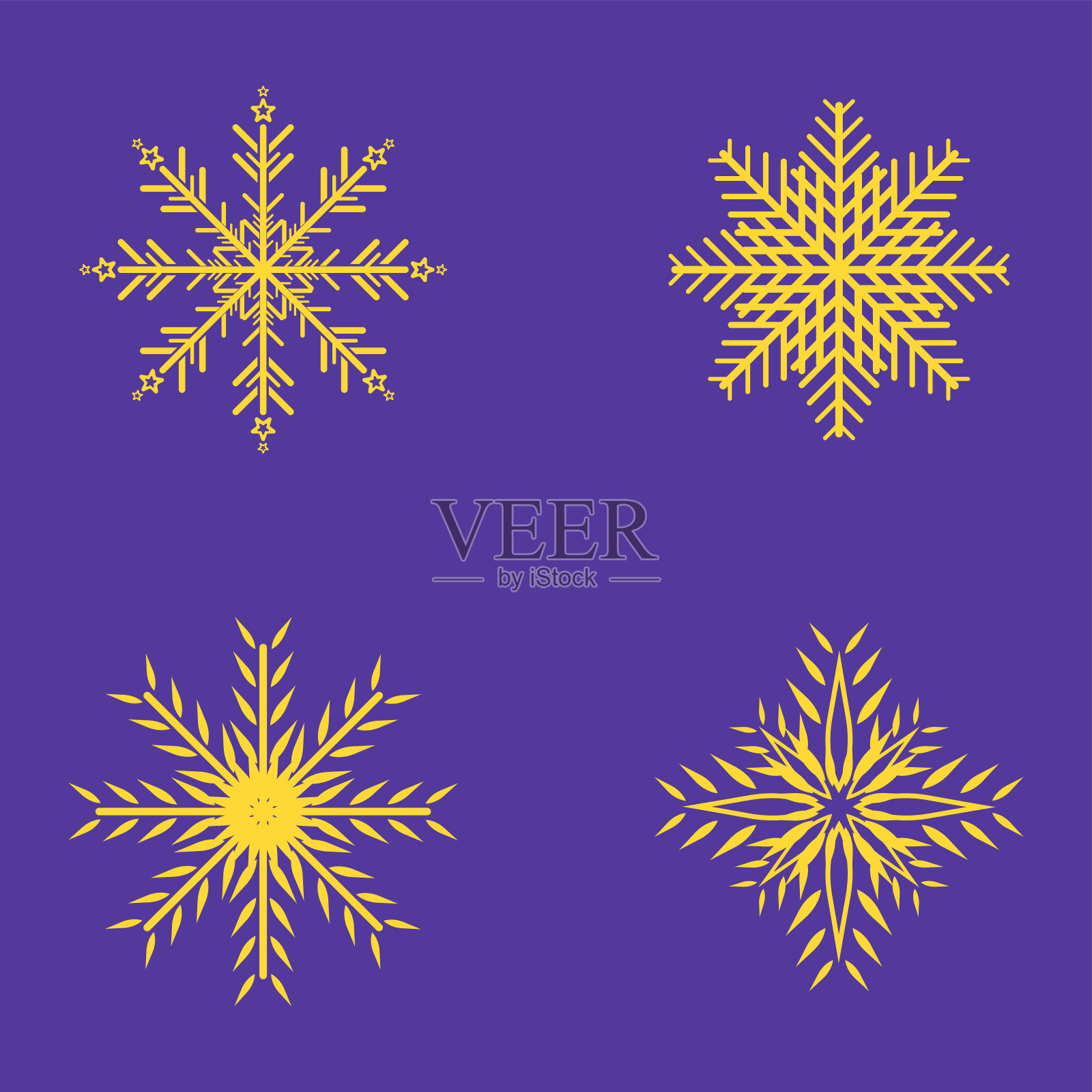 组四个雪花孤立的蓝色背景，可爱的雪花收集孤立的白色背景。平雪图标，剪影。圣诞横幅的好元素插画图片素材