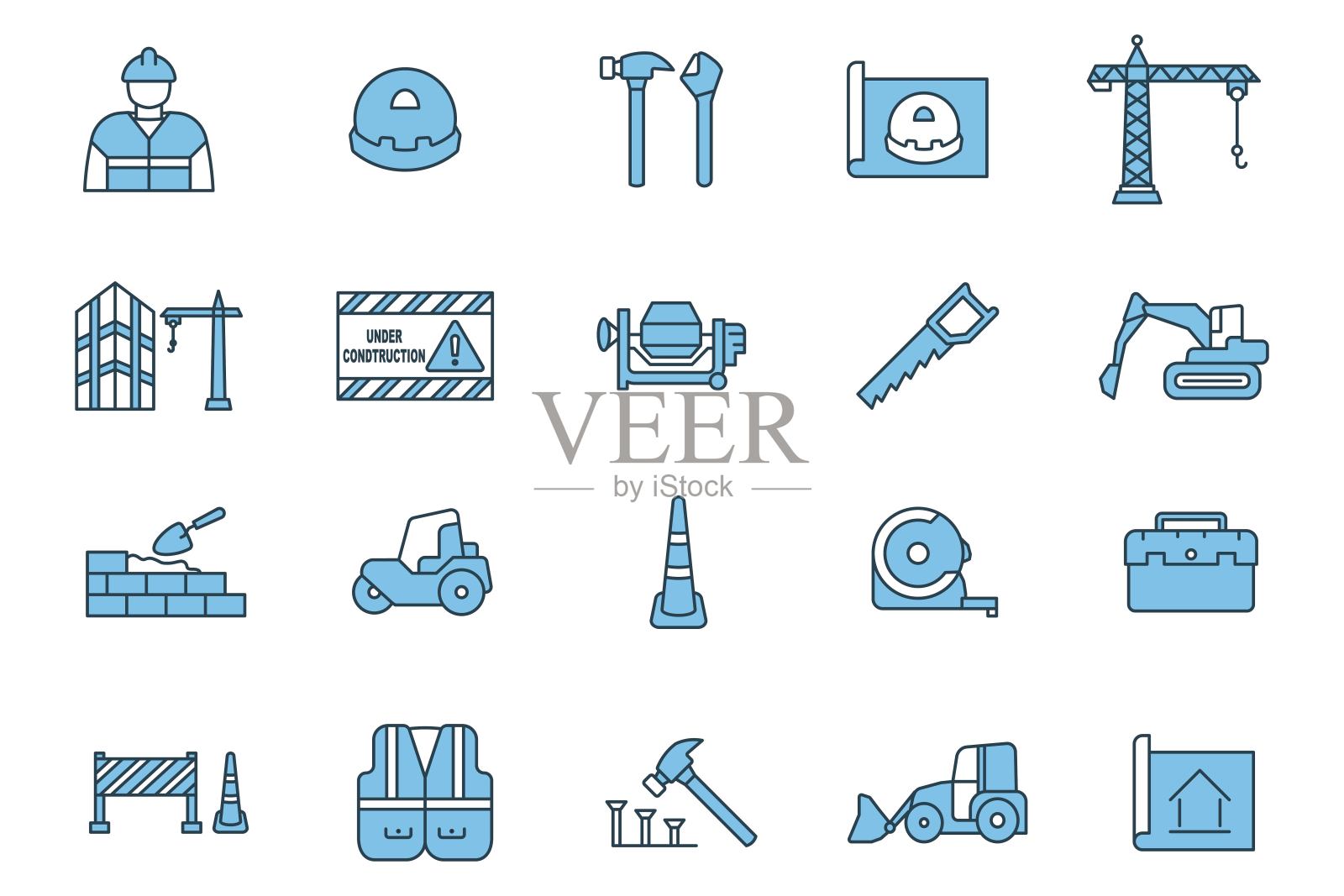 建筑图标集。图标相关的建设。适用于网站、应用程序、用户界面、可打印等平面线条图标样式。简单的矢量设计可编辑插画图片素材