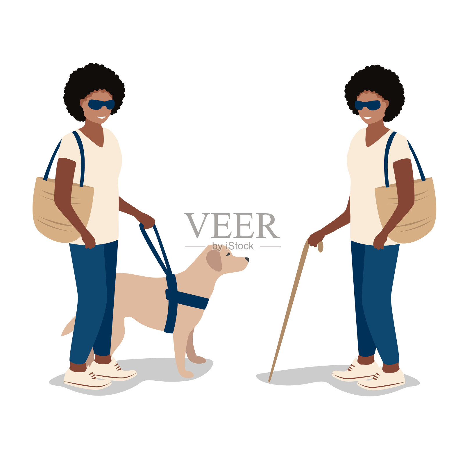 带着导盲犬的盲女插画图片素材
