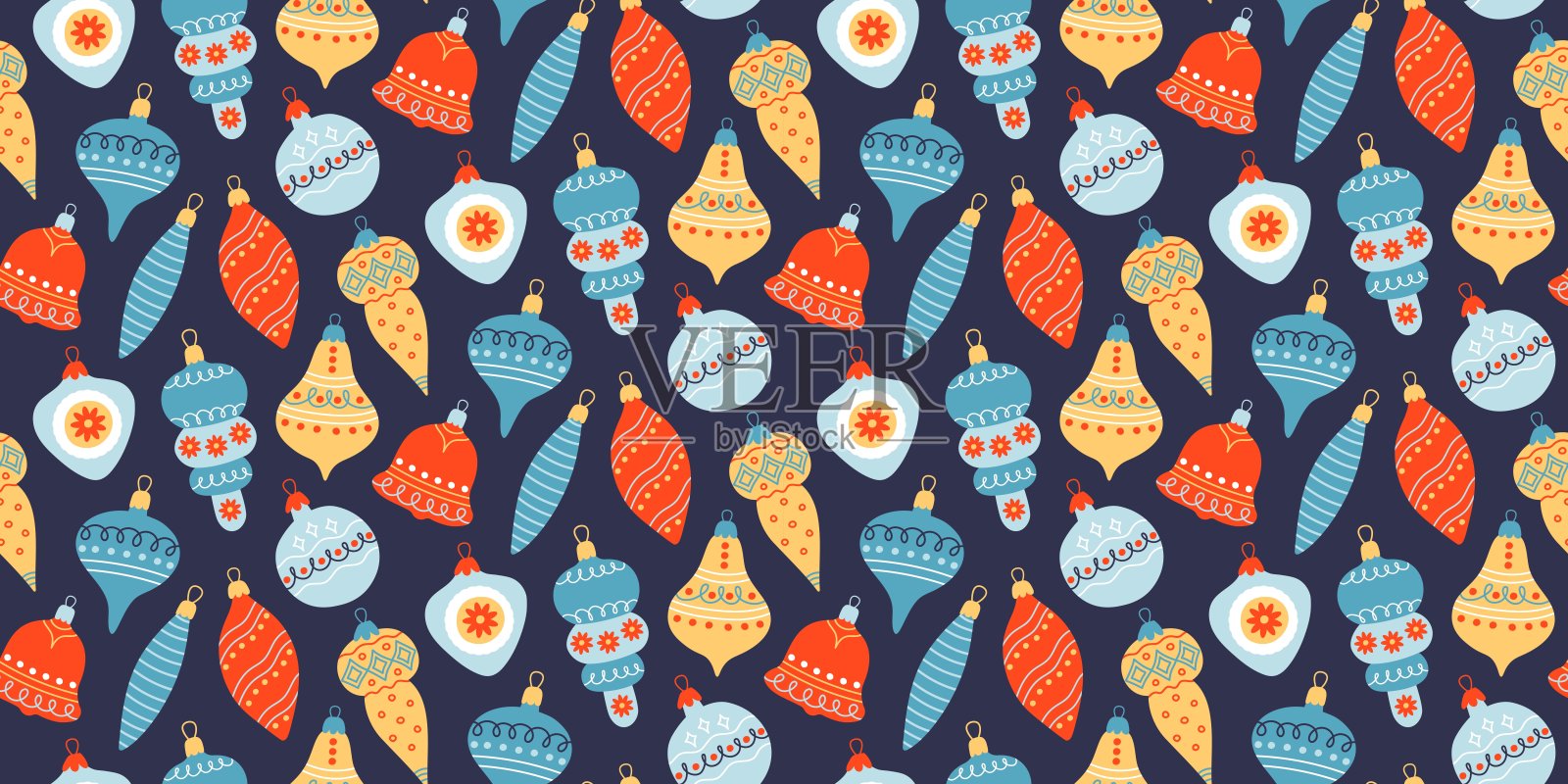 手工绘制的复古小玩意的无缝图案。彩色圣诞玩具与装饰品。平面矢量插图。插画图片素材