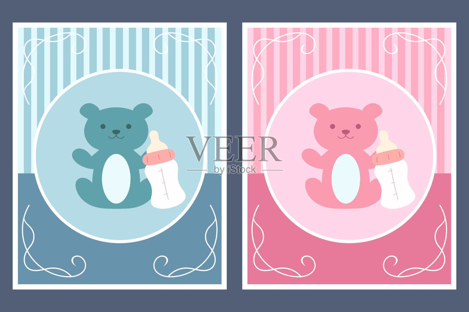 模板卡片与泰迪熊和瓶子的男孩和女孩。用于婴儿送礼会或贺卡。矢量图插画图片素材