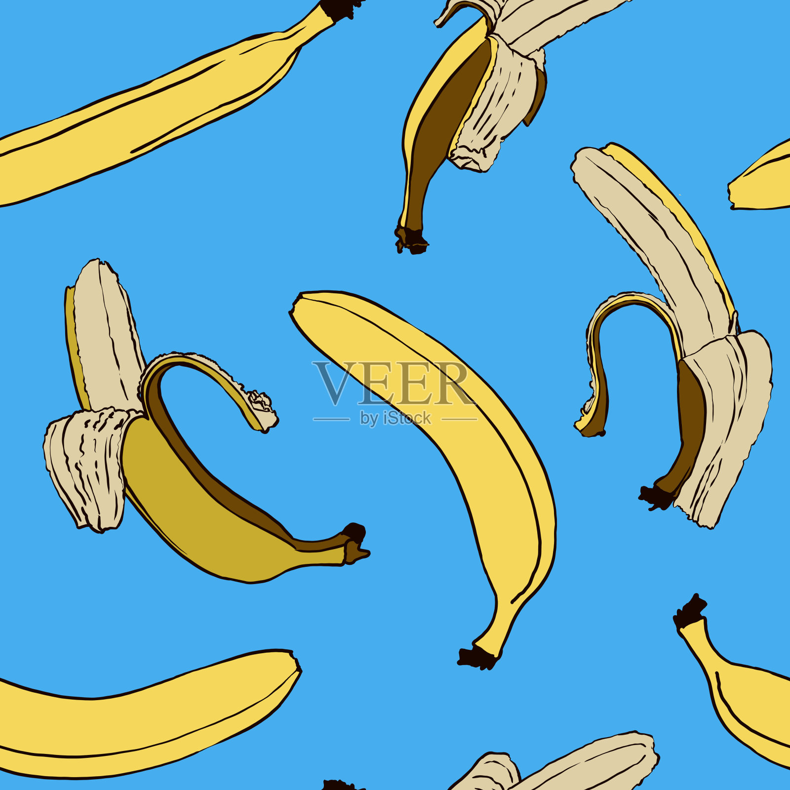 香蕉无缝图案。抽象的现代。用于印刷、产品设计、logo、面料。线,轮廓。手绘的平面插图插画图片素材