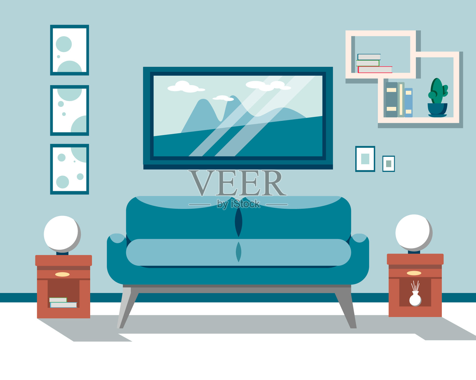蓝色调的现代客厅内部。矢量室内设计的公寓插画图片素材