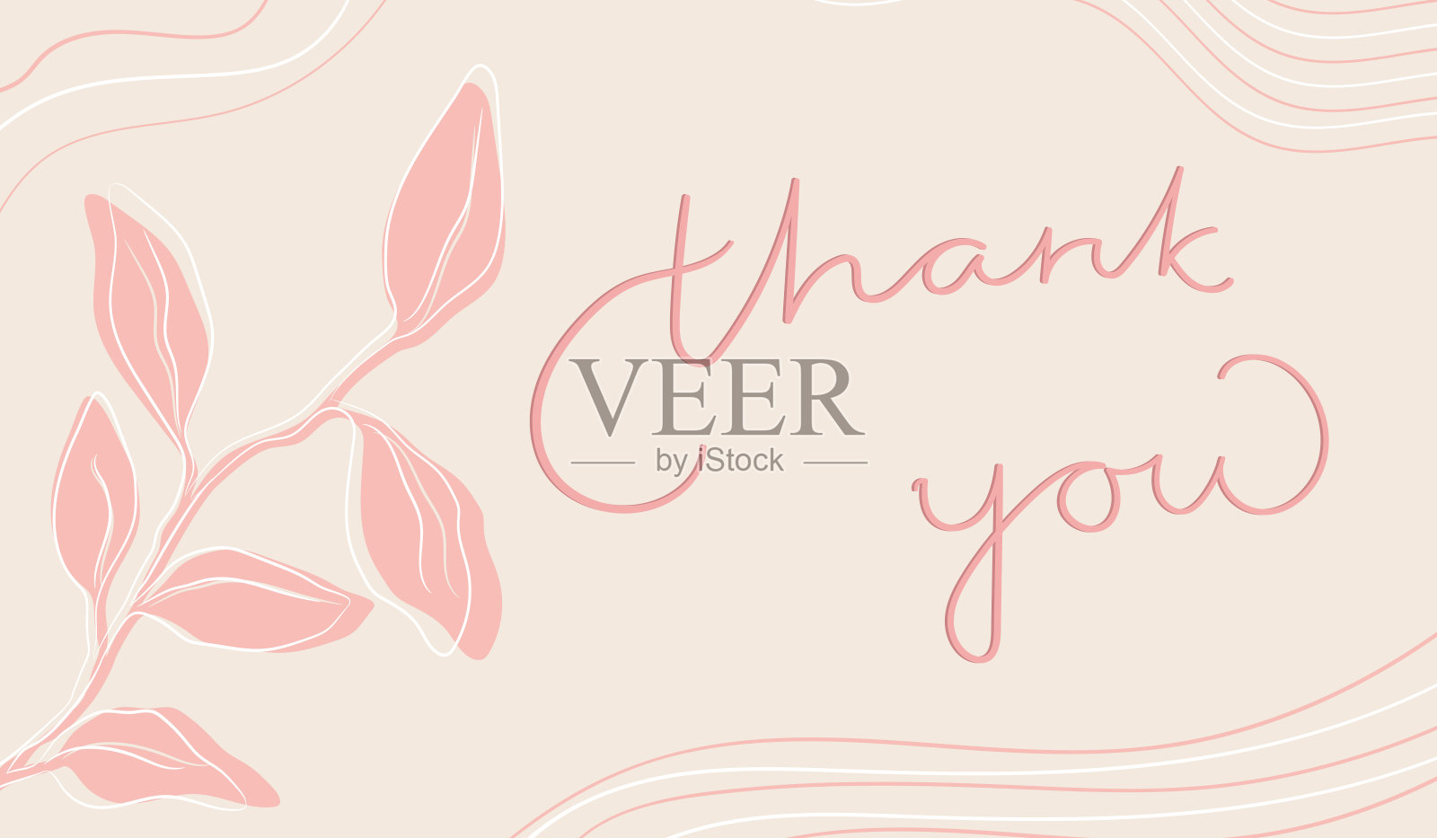 手写的感谢短语在柔和的粉红色背景上装饰有植物元素和线条。矢量图插画图片素材