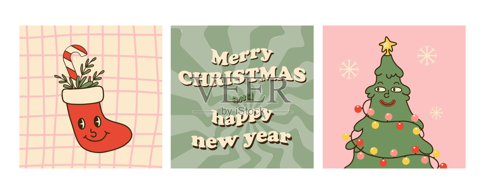 时髦的圣诞海报或社交媒体横幅。贺卡。漫画复古冬季人物。嬉皮的迹象。有趣的玻璃球树，甜美的圣诞拐杖。卡通矢量插图在70年代80年代插画图片素材