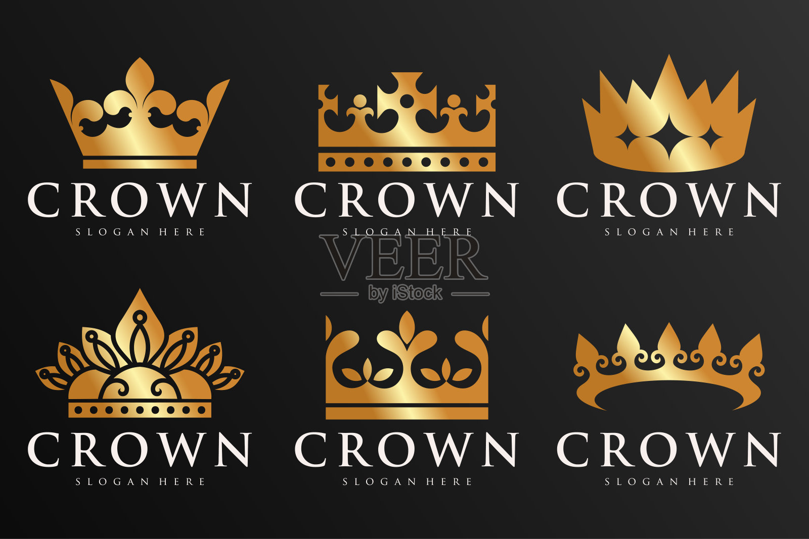 一套金色皇冠标志设计矢量。美丽优雅的皇冠为王后和国王。插画图片素材