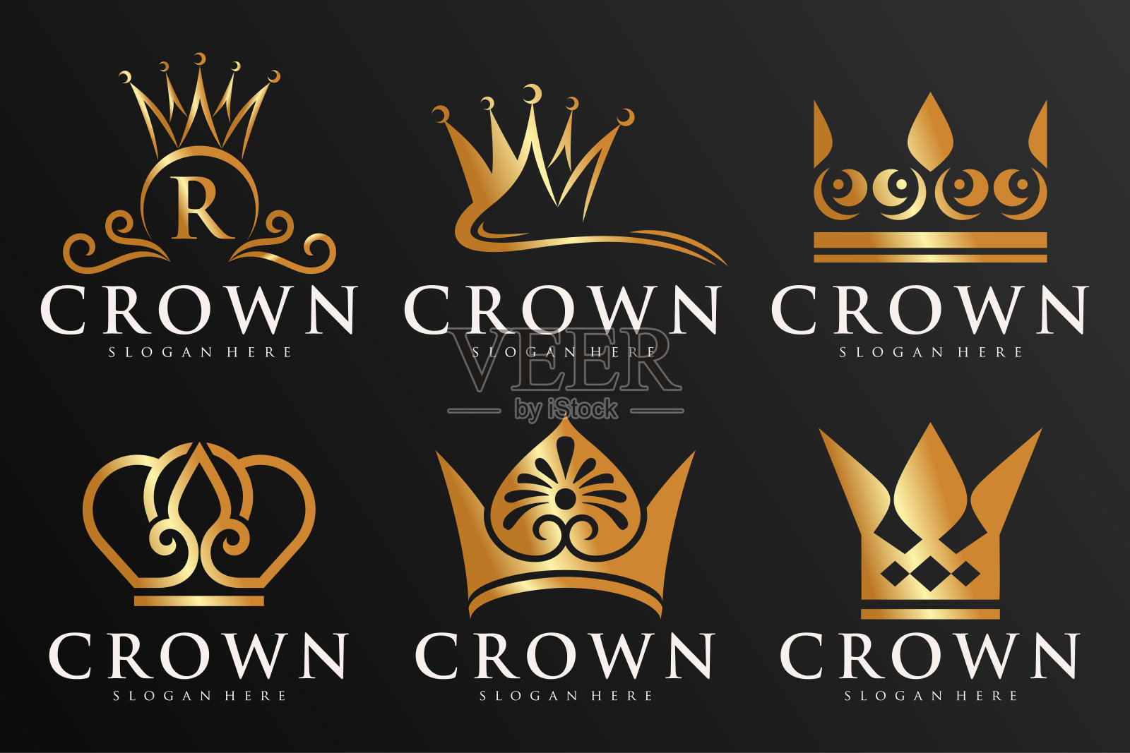 一套复古皇冠标志皇家国王女王抽象标志设计矢量模板。插画图片素材