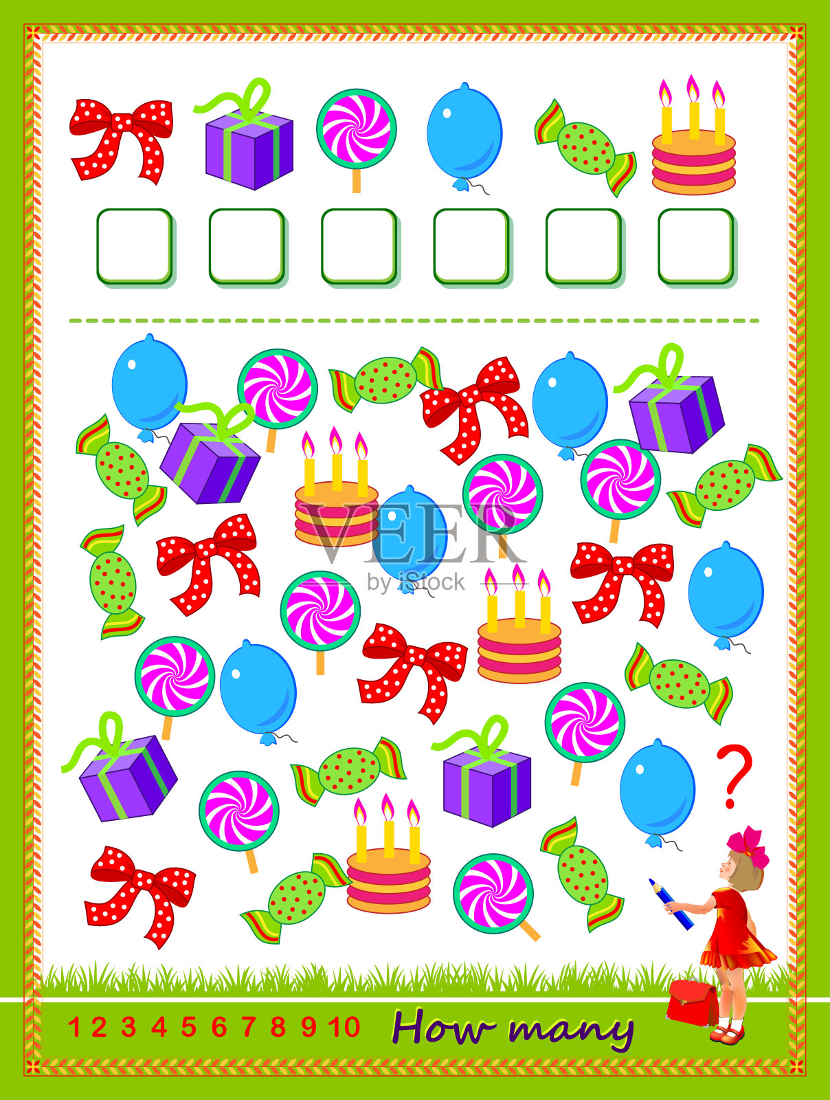 儿童数学教育。统计对象的数量并写数字。发展计数技能。逻辑益智游戏。学校课本的工作表。儿童活动单。玩在线。插画图片素材