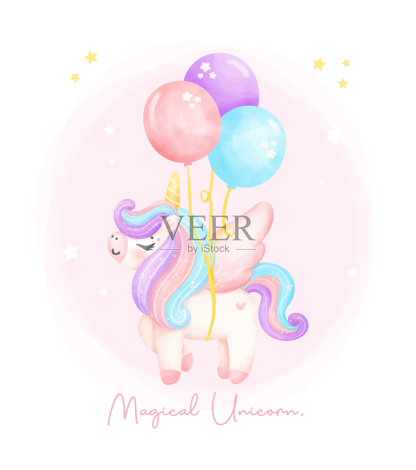 可爱的独角兽与翅膀漂浮在气球水彩幼儿园艺术插图。神奇的独角兽。插画图片素材