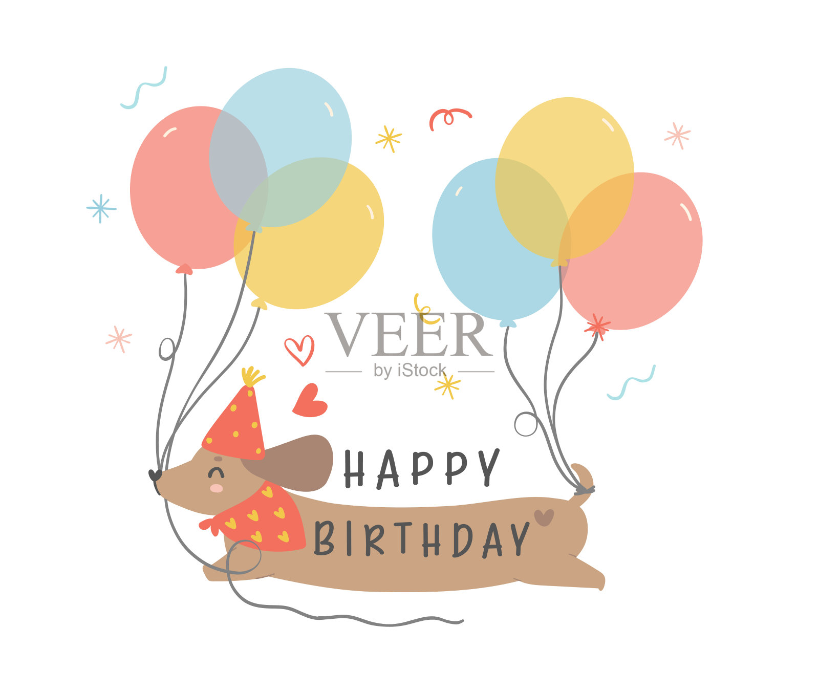 可爱的生日腊肠狗戴着派对帽，拿着气球。卡哇伊卡通手绘平面设计图文插画。插画图片素材