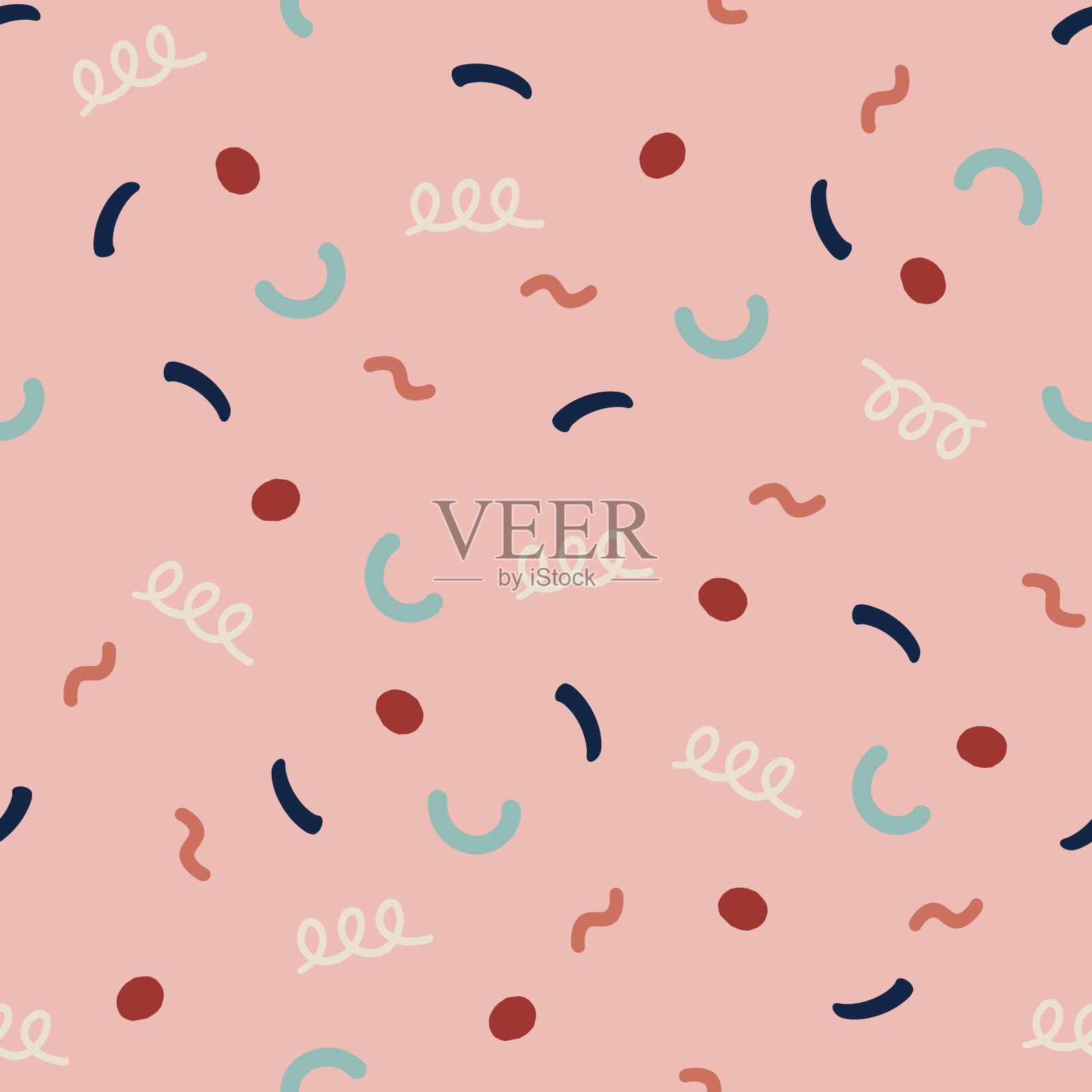 手绘平面插图无缝彩纸元素图案在粉红色的背景。概念假期，生日庆祝活动，惊喜，礼品包装插画图片素材