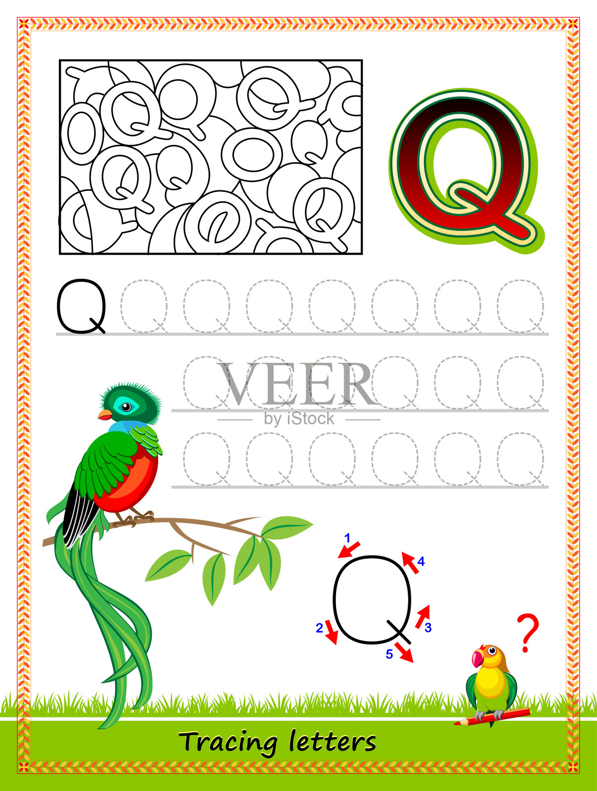 描摹字母的工作表。找出并画出所有字母q。教育页儿童涂色书。培养写作技能，追踪ABC。在线教育插画图片素材