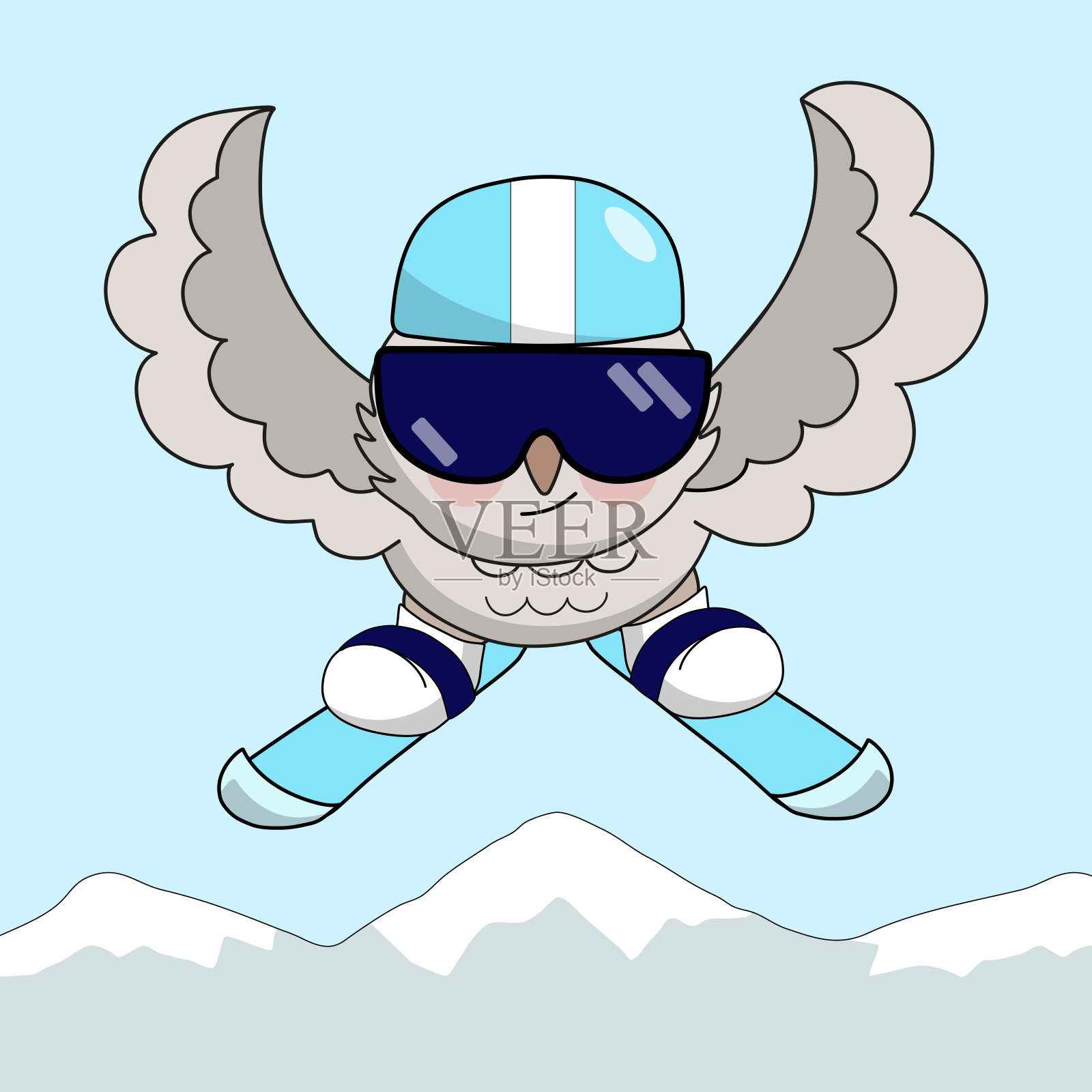 猫头鹰滑雪者戴着头盔，护目镜和滑雪板，张开翅膀。插画图片素材