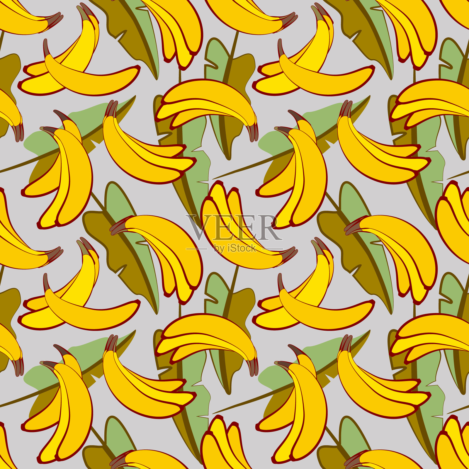矢量-香蕉与叶子无缝图案。插画图片素材