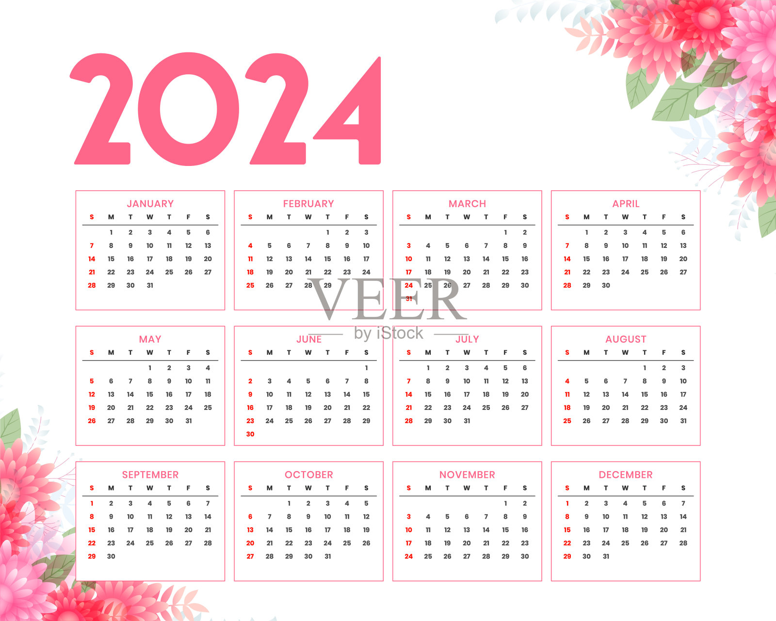 装饰2024年英文日历模板，可打印设计插画图片素材
