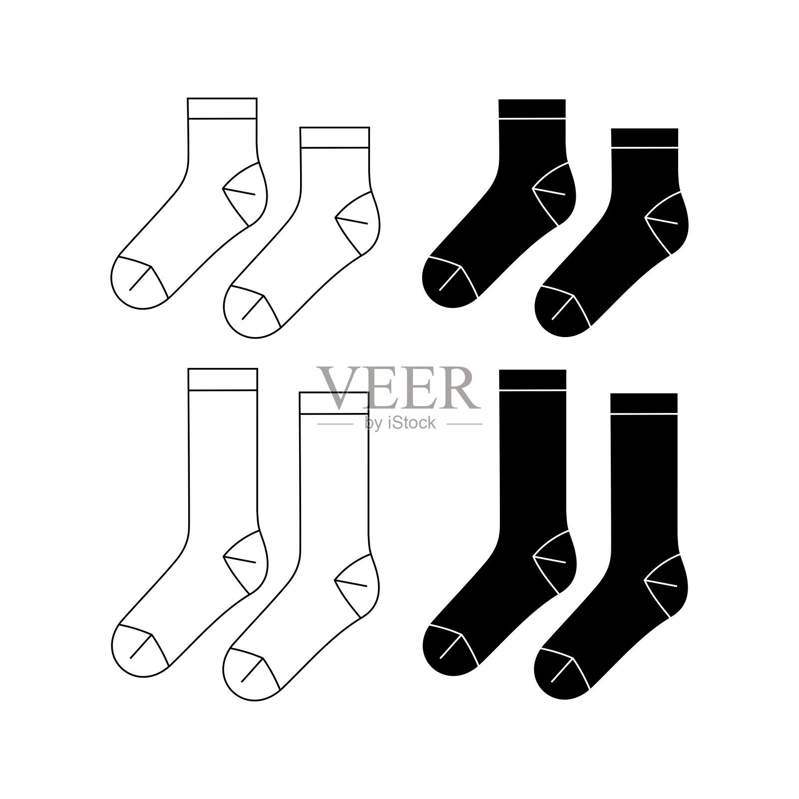 套中小腿长度袜子平面草图时尚插图绘制模板模拟，小腿长度袜子cad绘图男女通用，四分之一船员袜子设计图纸插画图片素材