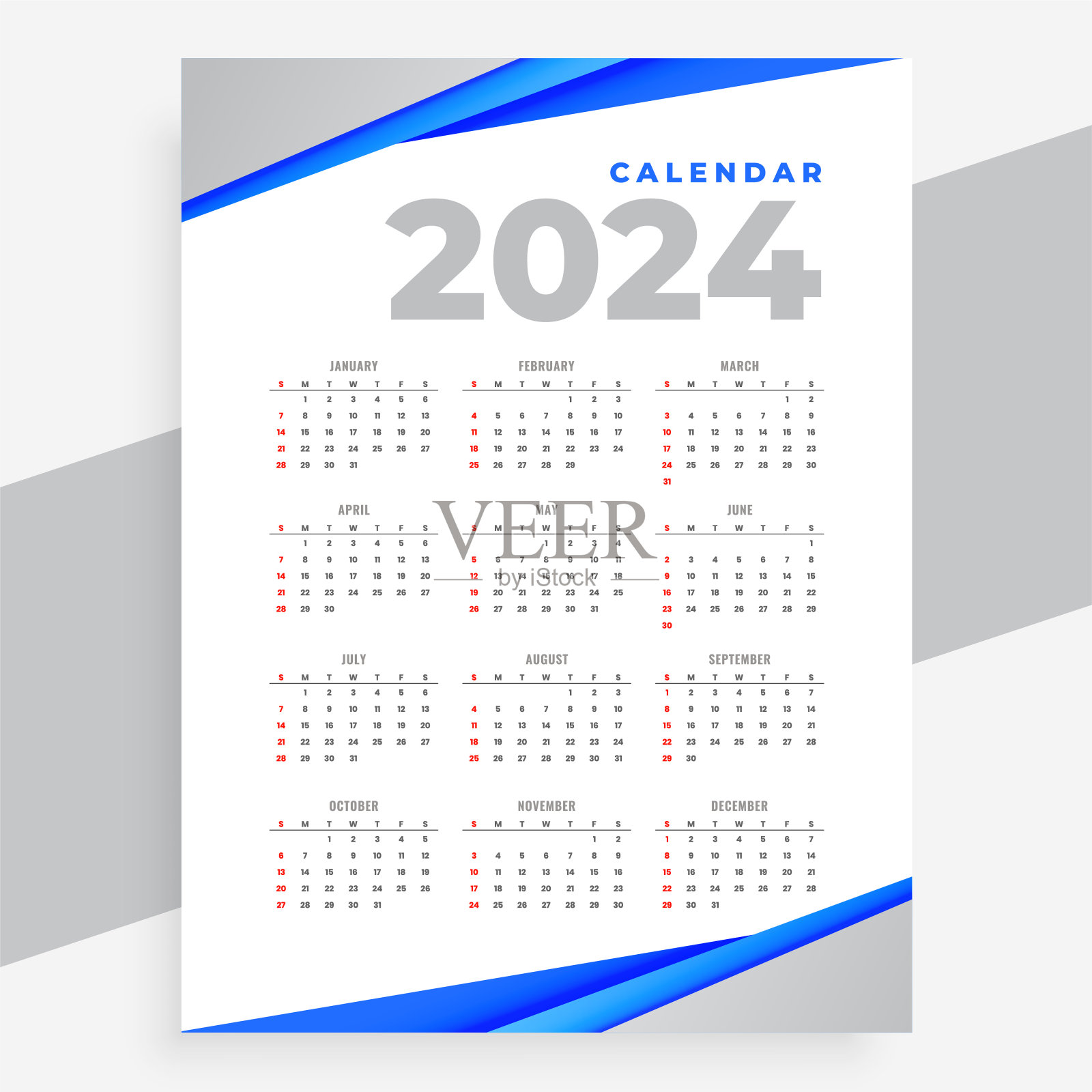 白色和蓝色2024年英国新年日历布局插画图片素材