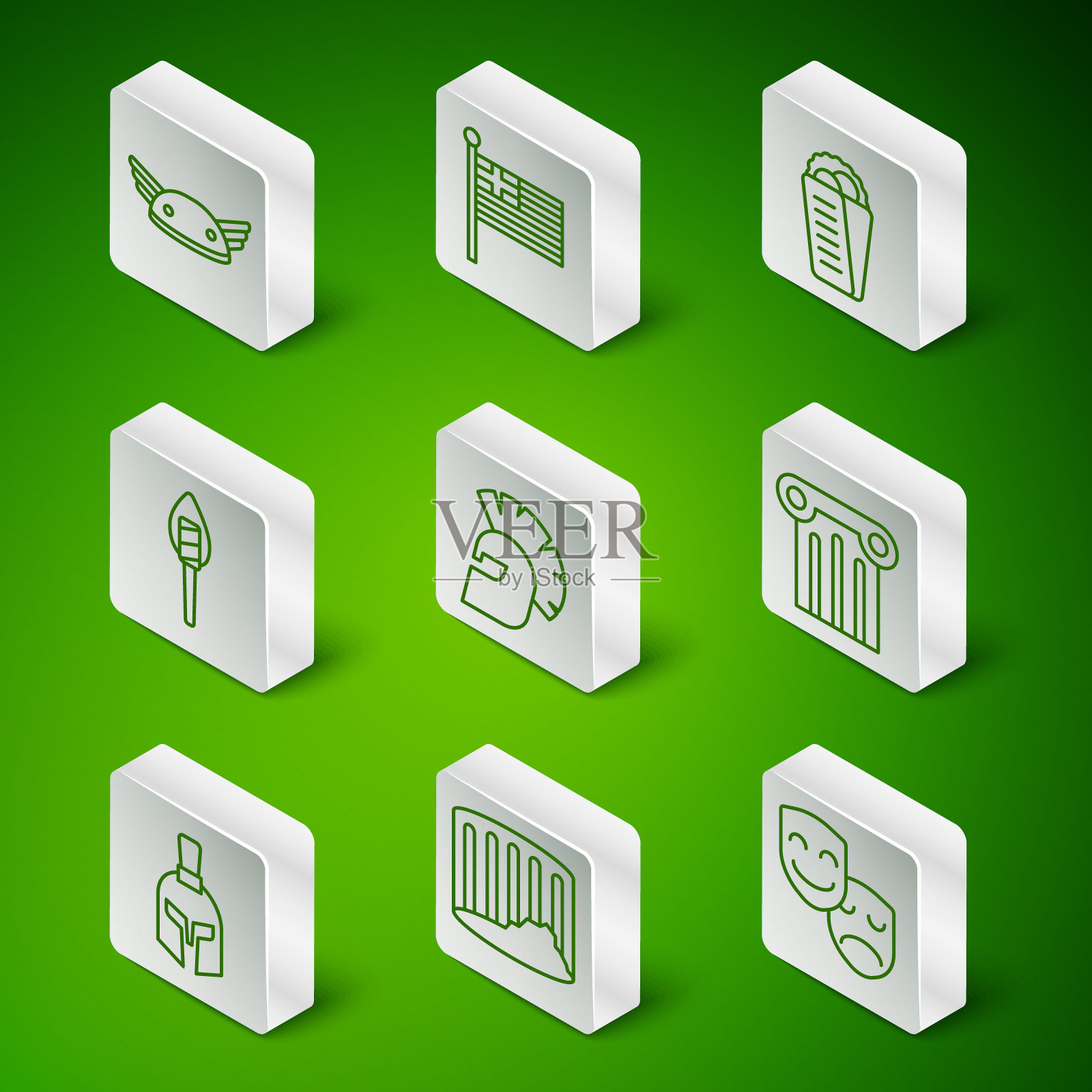 喜剧和悲剧面具，古代圆柱，带翅膀的头盔，希腊头盔，火炬火焰，希腊国旗，和图标。向量插画图片素材